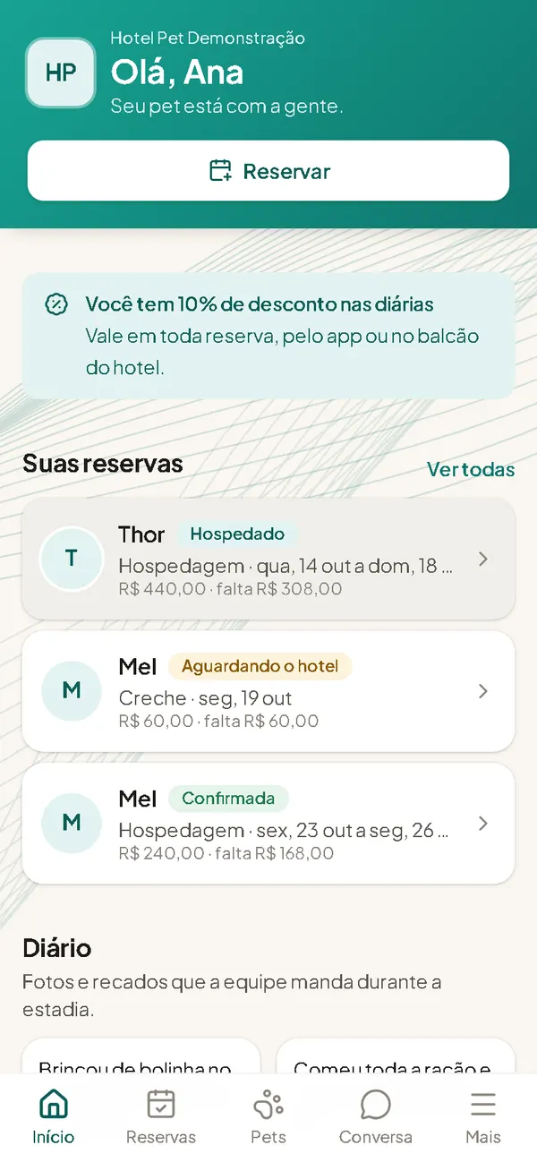 Início do app do tutor, com as reservas e o diário do pet